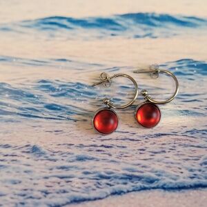 Red Crystal Sea Glass Rhinestone Dangle Drop Hoop Earrings